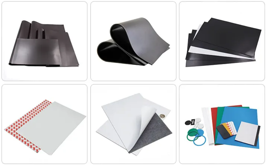 Six common forms of flexible iron sheet: plain black sheet, cut pieces, laminated white sheet, adhesive-backed sheet and printable colour sheets
